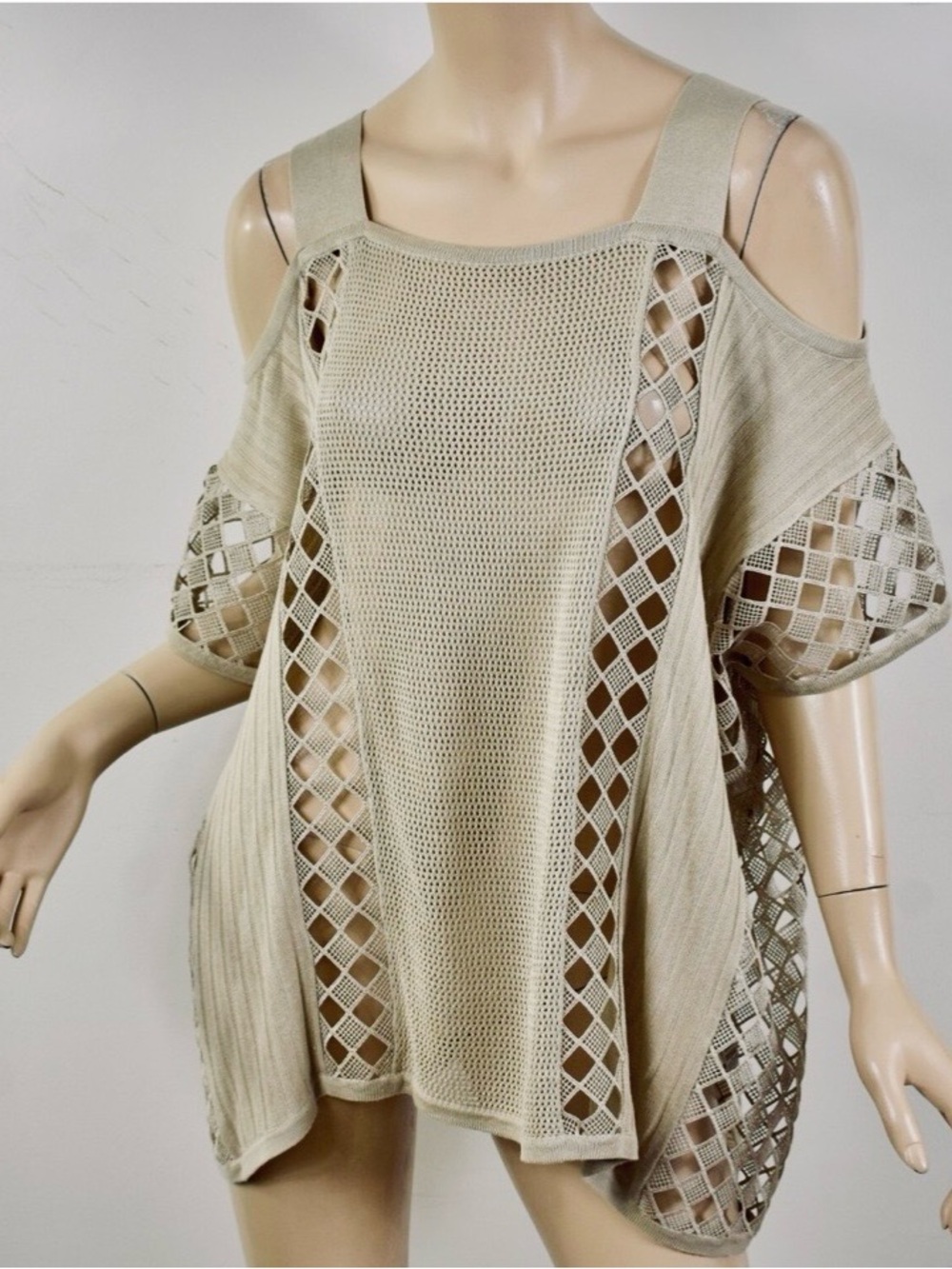 Chico's Beige Cold-Shoulder Open Knit Tunic